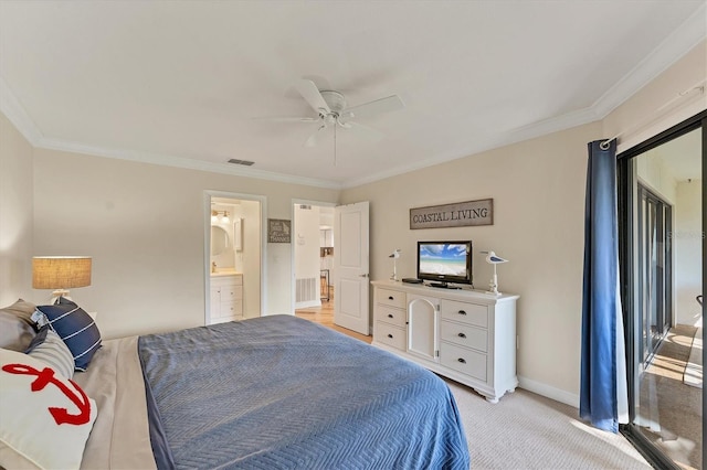 carpeted bedroom featuring crown molding, ceiling fan, and ensuite bath