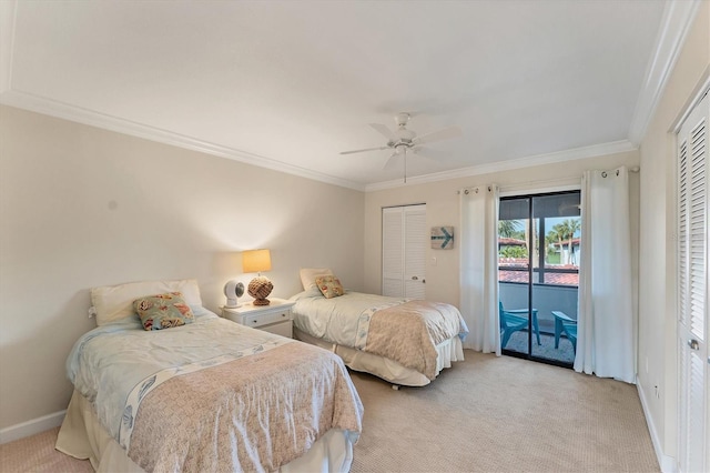 bedroom with ceiling fan, ornamental molding, access to exterior, and light carpet