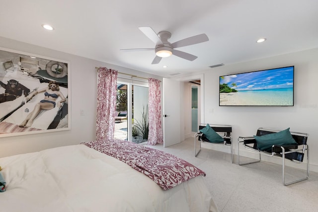 bedroom featuring ceiling fan and access to outside