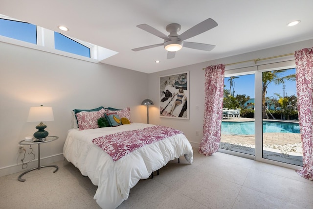 bedroom featuring multiple windows, access to exterior, and ceiling fan