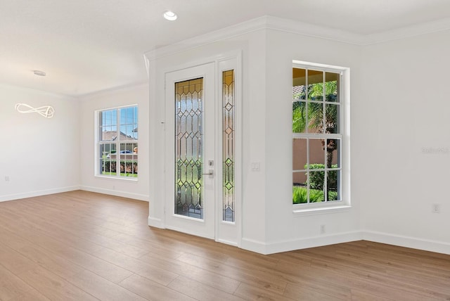 doorway featuring hardwood / wood-style flooring, a healthy amount of sunlight, and ornamental molding