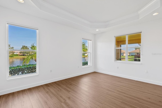 empty room with crown molding, wood-type flooring, a raised ceiling, and a water view