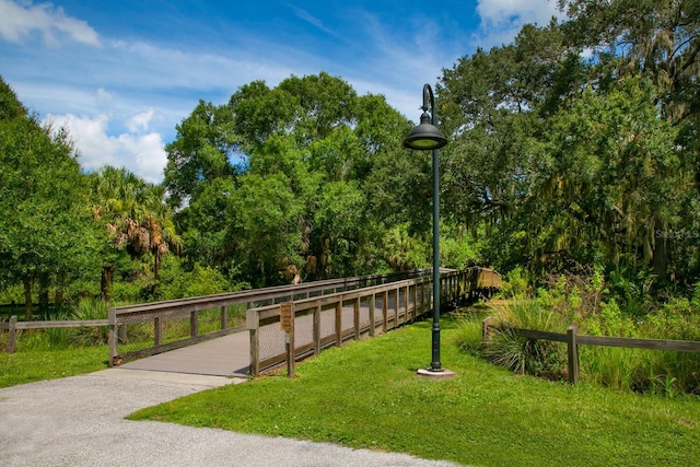 view of community featuring fence and a yard