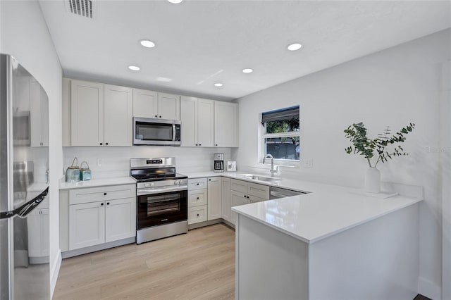 kitchen featuring stainless steel appliances, sink, white cabinets, and kitchen peninsula