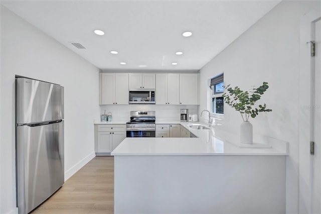 kitchen with sink, light hardwood / wood-style flooring, stainless steel appliances, white cabinets, and kitchen peninsula