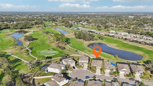 bird's eye view featuring a residential view, a water view, and golf course view