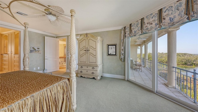 carpeted bedroom featuring crown molding, ceiling fan, and access to exterior