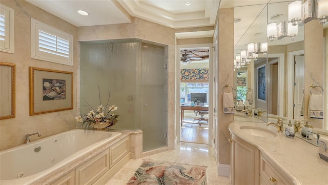 bathroom featuring vanity, ceiling fan, tile patterned floors, and separate shower and tub