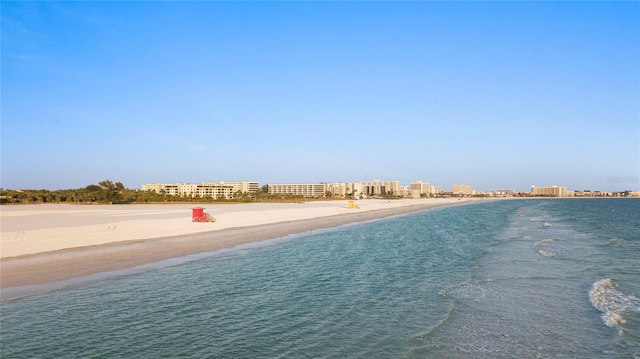 view of water feature with a beach view