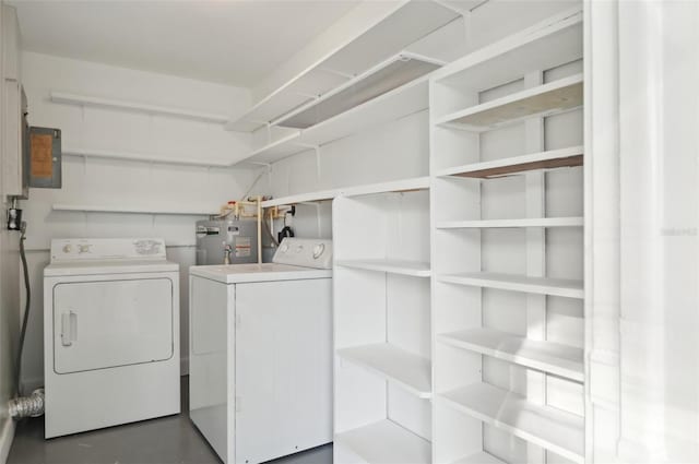 laundry area with washing machine and clothes dryer and electric water heater