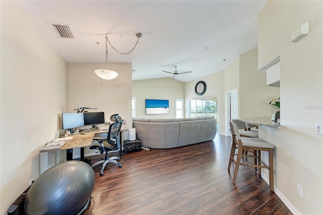 office with dark wood-type flooring, ceiling fan, and vaulted ceiling