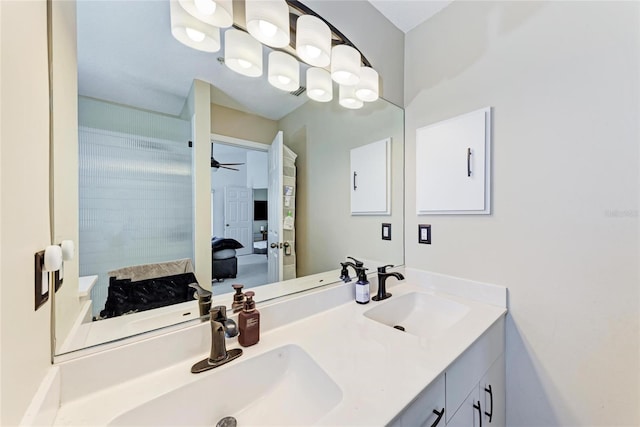 bathroom featuring vanity and ceiling fan