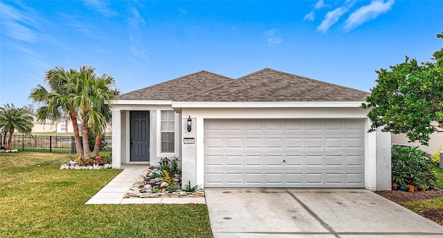 ranch-style home with a garage and a front yard