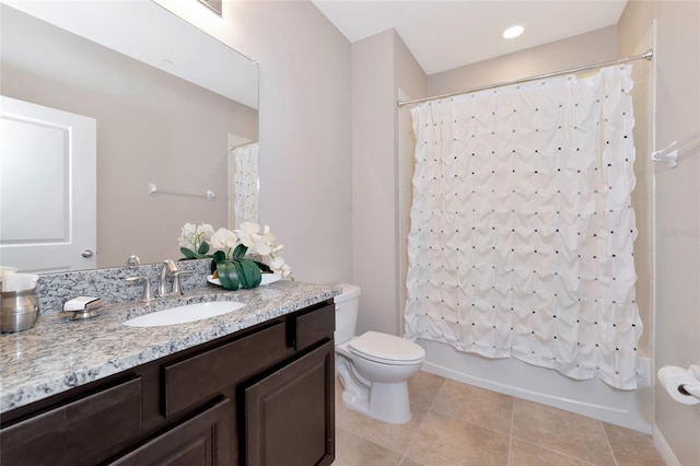 full bathroom with vanity, shower / bath combination with curtain, tile patterned floors, and toilet