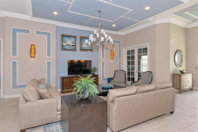 tiled living room with crown molding, a notable chandelier, and french doors