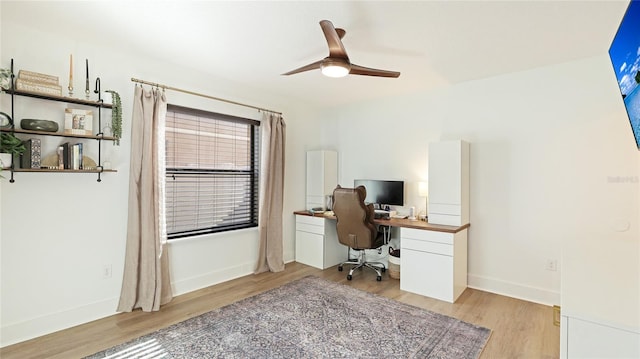 home office with light hardwood / wood-style flooring and ceiling fan