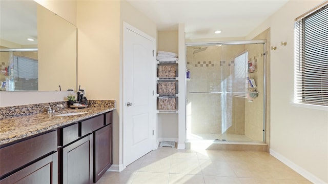 bathroom featuring tile patterned floors, vanity, walk in shower, and plenty of natural light