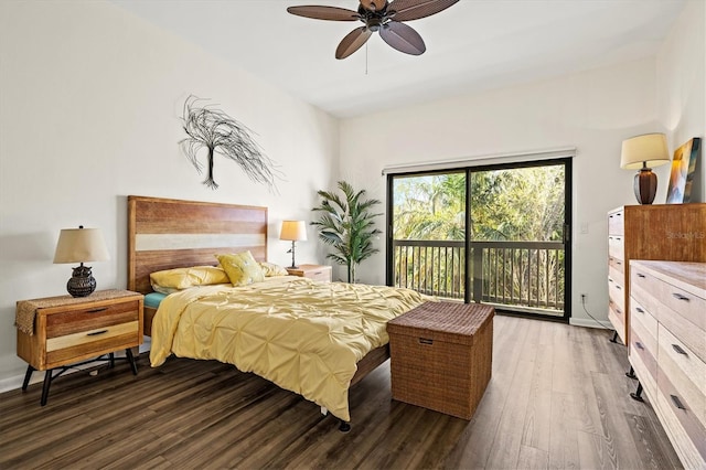 bedroom with dark wood-type flooring, access to outside, and ceiling fan