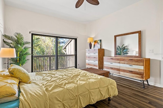 bedroom featuring access to exterior, dark hardwood / wood-style floors, and ceiling fan