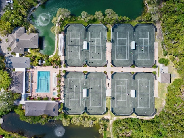 bird's eye view with a water view