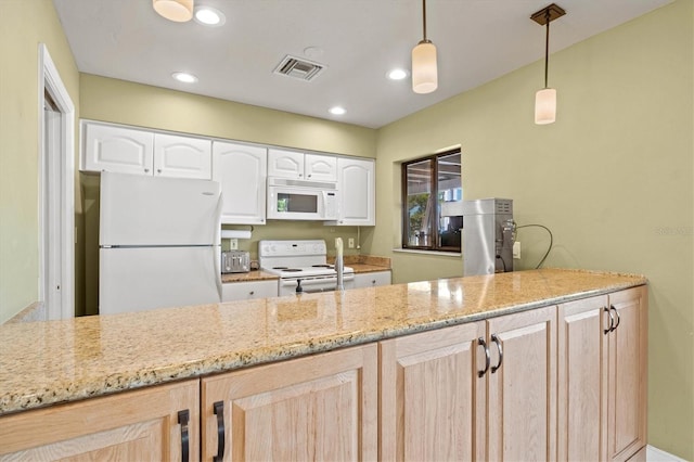 kitchen featuring pendant lighting, light brown cabinetry, white appliances, and white cabinetry