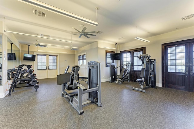 gym featuring french doors and visible vents