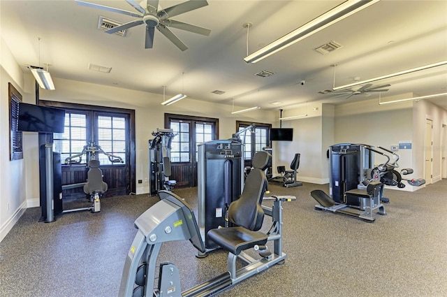 gym featuring baseboards, french doors, visible vents, and ceiling fan