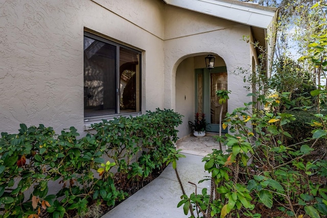 view of exterior entry featuring a patio area