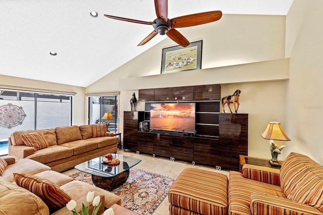 living room with ceiling fan and high vaulted ceiling