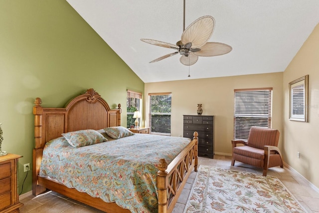 bedroom featuring lofted ceiling and ceiling fan