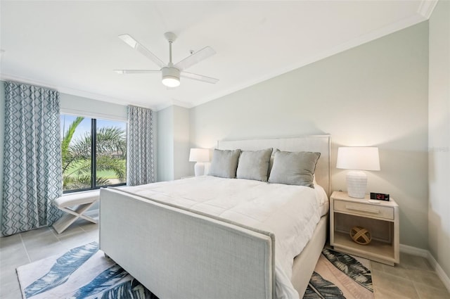 bedroom featuring ornamental molding, light tile patterned flooring, and ceiling fan