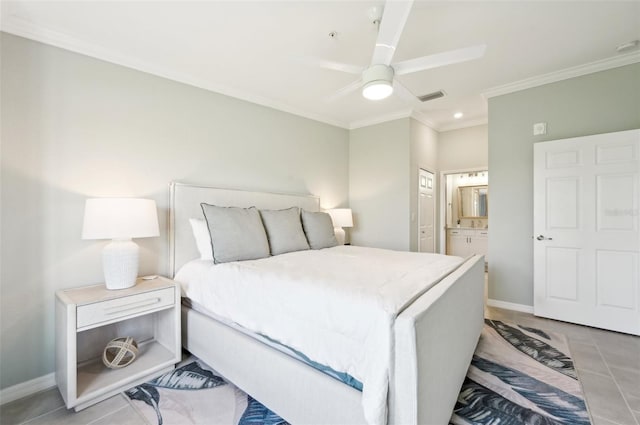 tiled bedroom featuring crown molding, ceiling fan, and connected bathroom