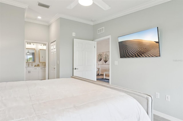 bedroom with ensuite bath, ornamental molding, and ceiling fan