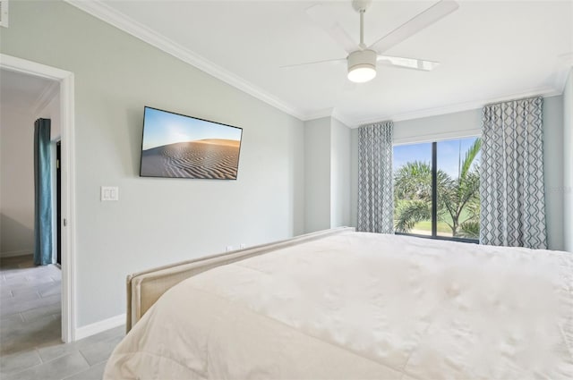 bedroom featuring crown molding, light tile patterned flooring, and ceiling fan