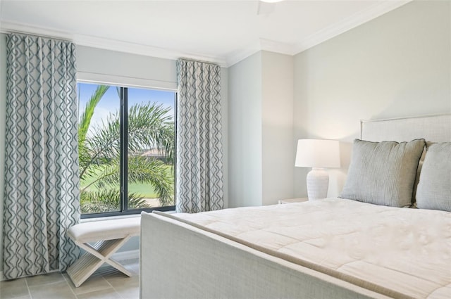 tiled bedroom with crown molding