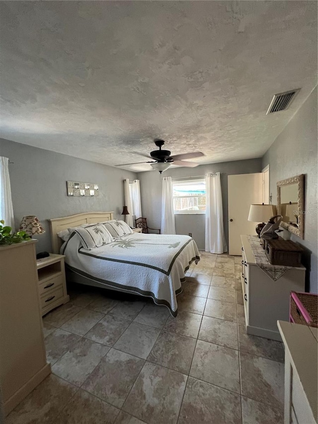 bedroom featuring ceiling fan and a textured ceiling