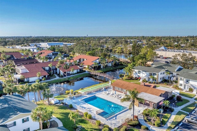 bird's eye view with a water view