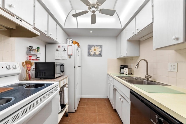 kitchen with sink, dishwasher, white range with electric cooktop, white cabinetry, and decorative backsplash