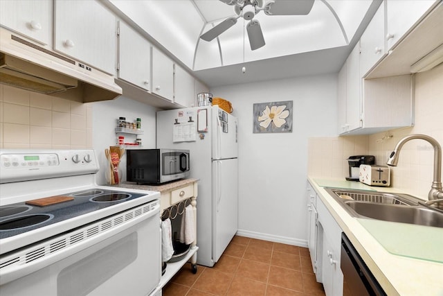 kitchen with white cabinetry, sink, white appliances, and decorative backsplash