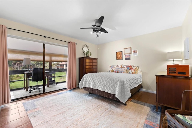 bedroom with access to outside, ceiling fan, and light tile patterned floors