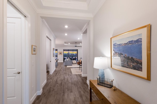 hall featuring crown molding and wood-type flooring