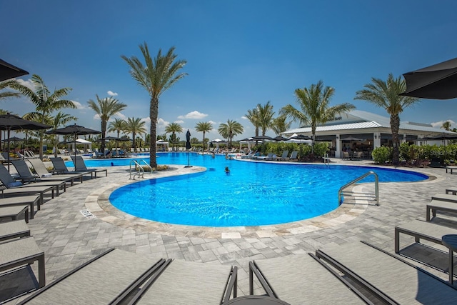 view of swimming pool featuring a patio area