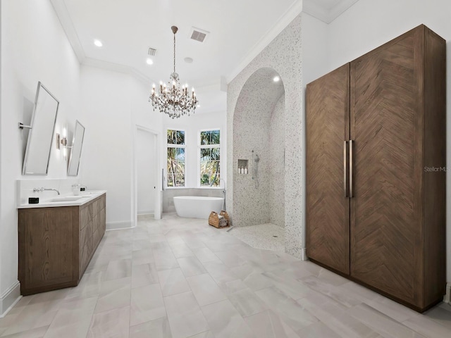 bathroom featuring ornamental molding, shower with separate bathtub, vanity, and an inviting chandelier