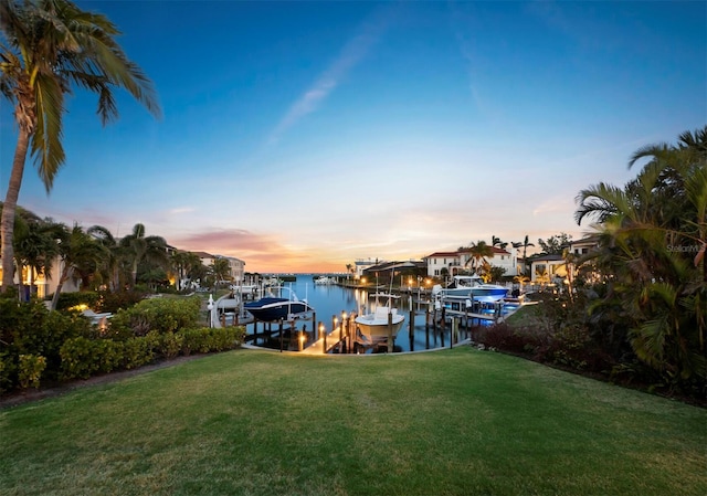 dock area with a water view and a lawn