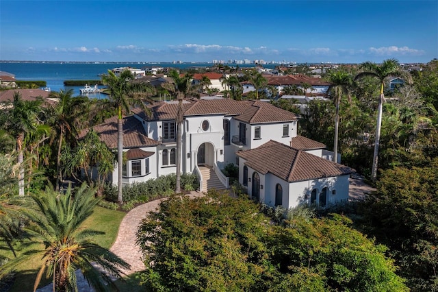 bird's eye view with a water view