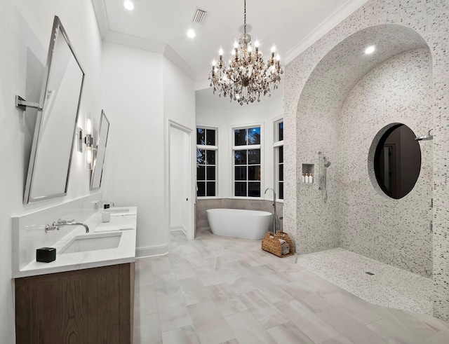 bathroom with ornamental molding, separate shower and tub, and vanity