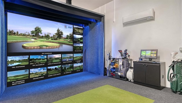 rec room with golf simulator, a wall mounted AC, and carpet