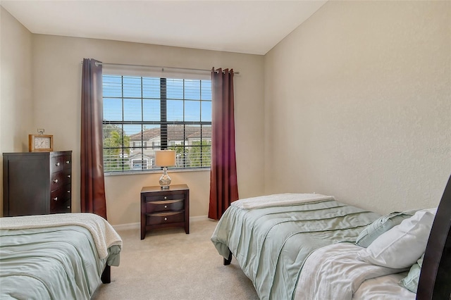 bedroom with light carpet