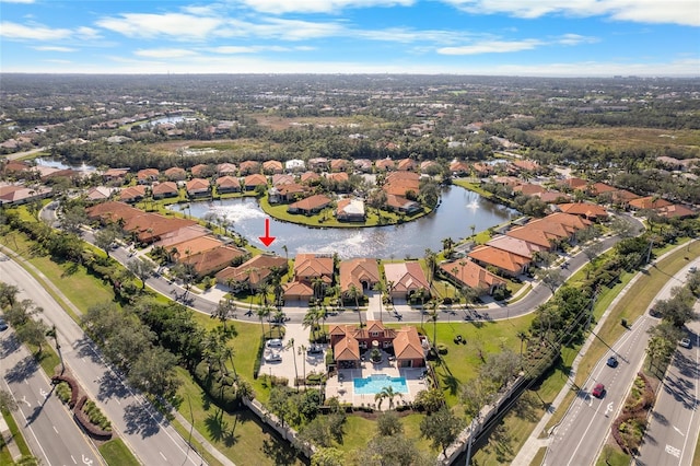 drone / aerial view featuring a water view