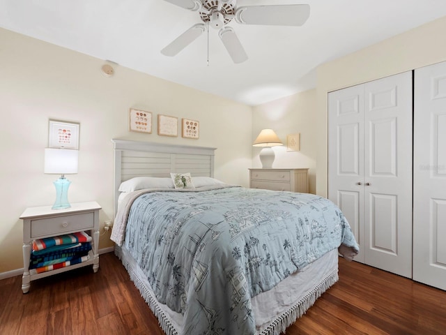 bedroom with ceiling fan, dark hardwood / wood-style floors, and a closet